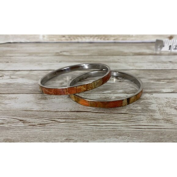 Silver Toned Enamel Bangle Bracelets Orange Fall Tones Vintage Pair - Picture 3 of 10